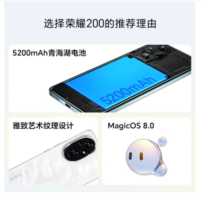 荣耀200 绒黑色 12GB+512GB 三代骁龙7 5G芯 5000万影像 100W充电 5200mAh青海湖电池 5G手机