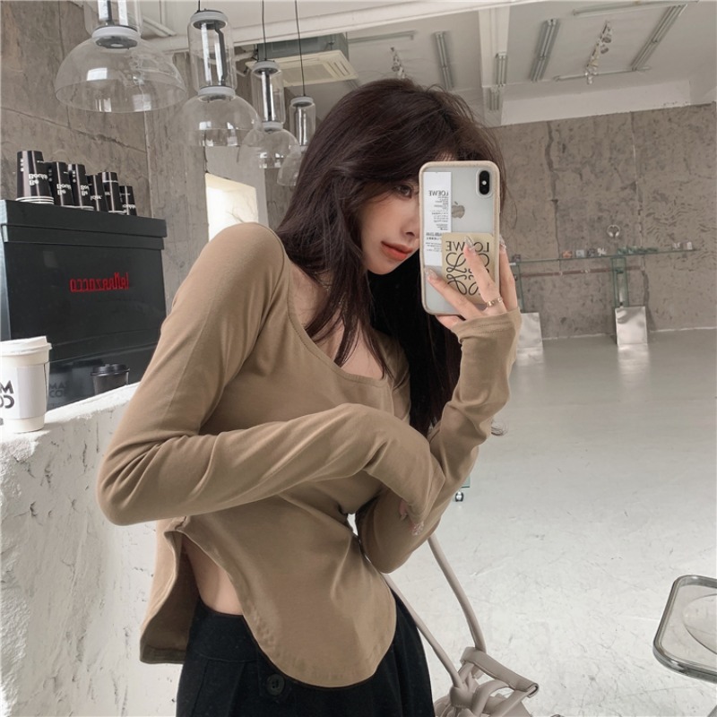 U领设计感纯色长袖T恤女装显瘦初秋新款打底衫不规则内搭上衣