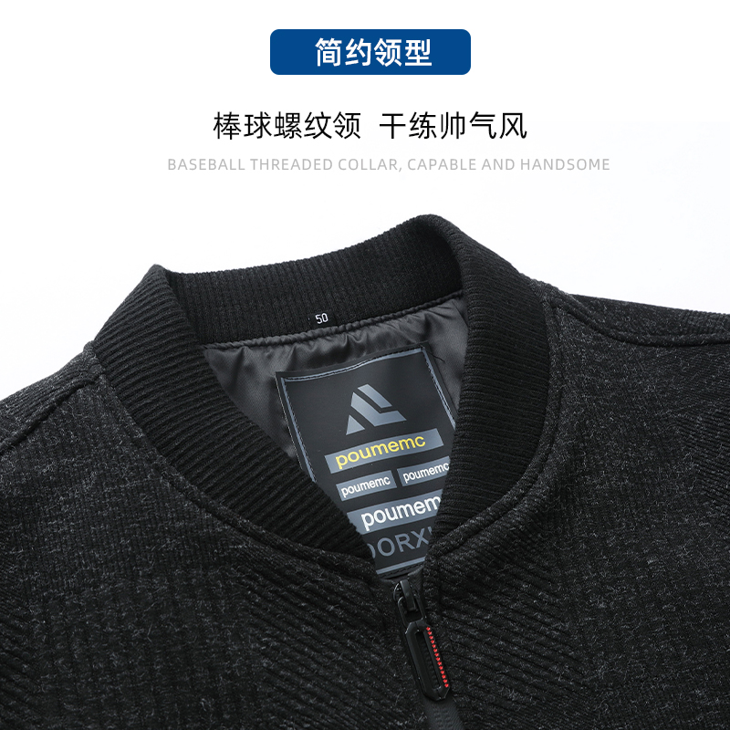 啄木鸟毛呢子夹克男士棒球领春秋季新款中老年人加厚爸爸冬装外套高清大图