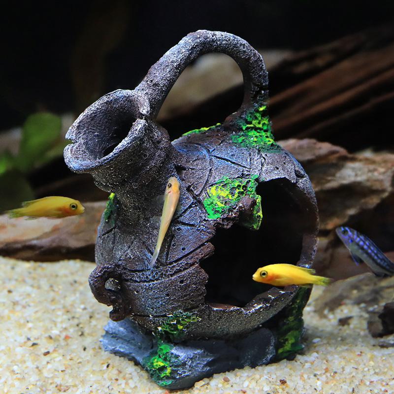 鱼缸水族箱三湖慈鲷鱼罐躲避屋虾屋躲避洞穴破旧罐子复古花瓶陶罐高清大图