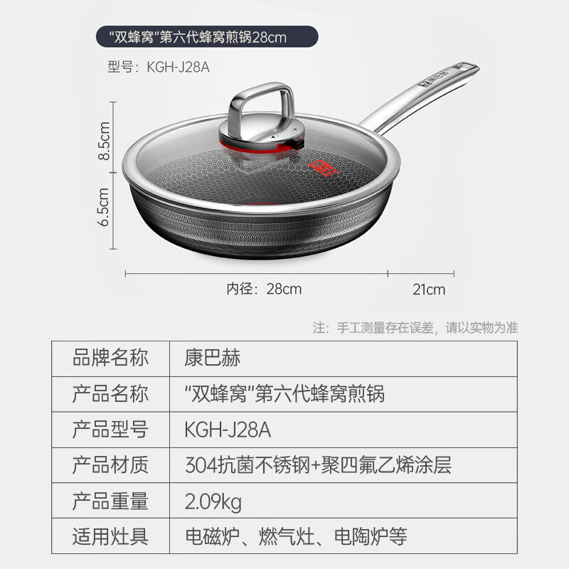 康巴赫 六代煎锅不粘锅抗菌不锈钢平底锅蜂窝锅红点煎盘28cm电磁炉通用KGH-J28A