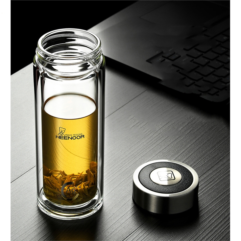 希诺heenoor玻璃杯双层男女士家用隔热泡茶杯车载水杯透明杯子