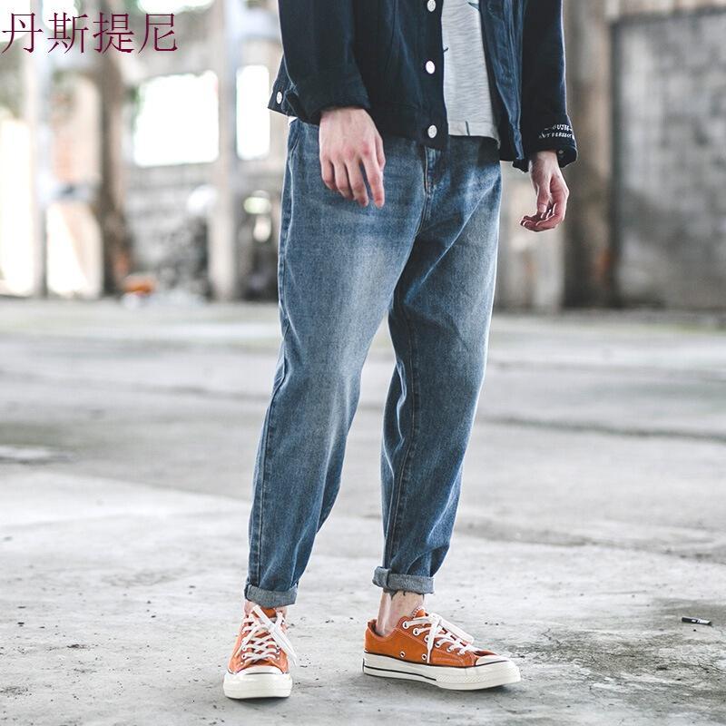 东京衣柜男装新款日系原创立体裁剪洗白小脚牛仔裤男青年休闲裤男蓝色