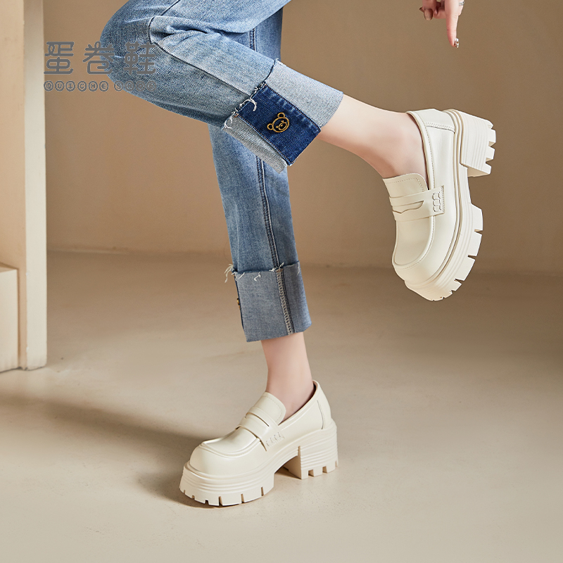 蛋卷鞋厚底乐福鞋女2024新款春季高跟女鞋英伦风小皮鞋松糕粗跟单鞋