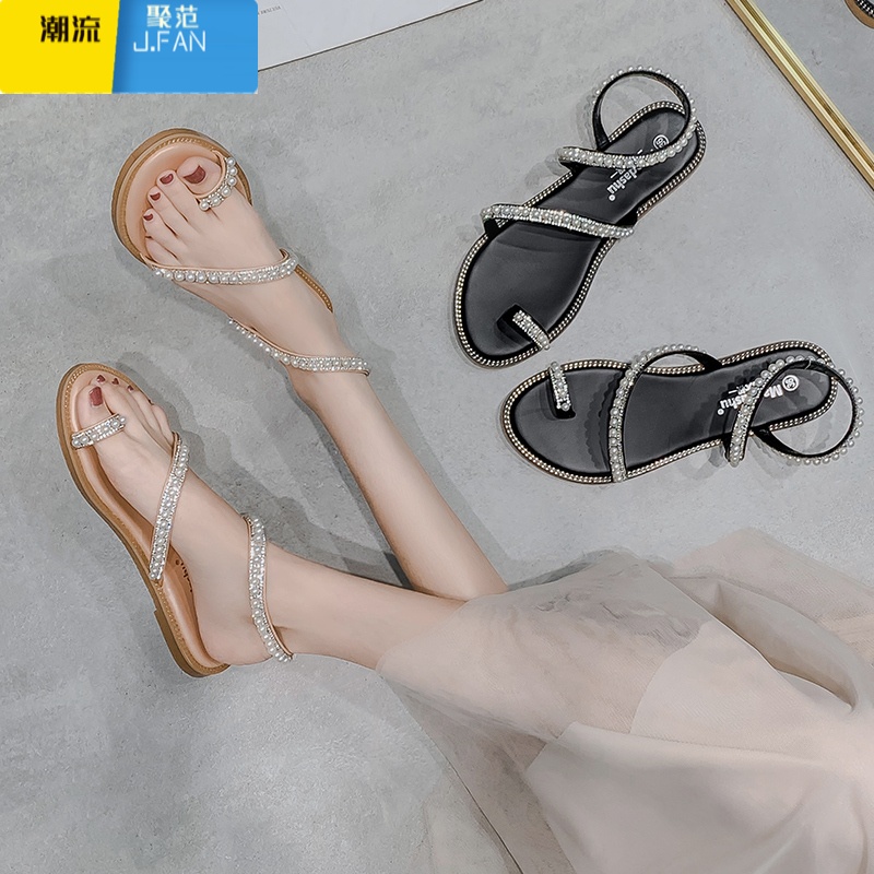 聚范凉鞋女夏平底2023新款仙女风珍珠水钻泰国软底32波西米亚33小码31高清大图