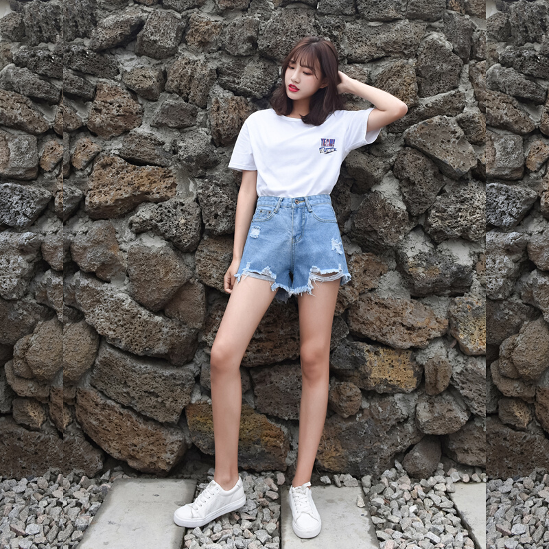 牛仔短裤女夏2018新款韩版百搭高腰宽松学生薄不规则破洞热裤子潮