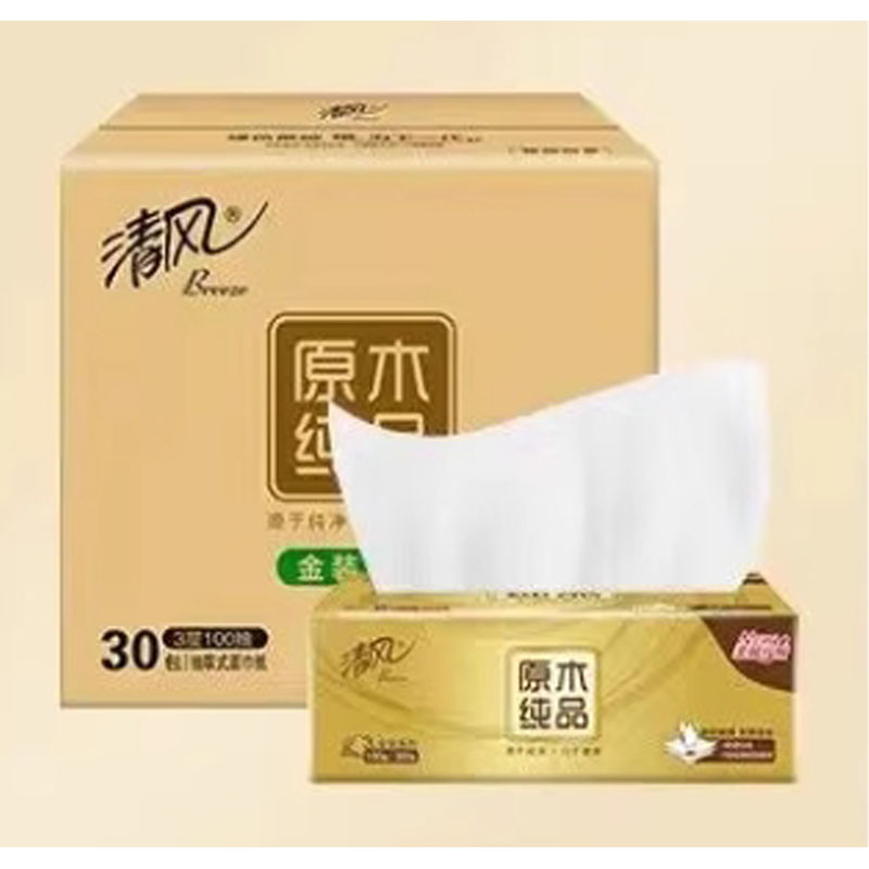 清风 清风抽纸巾原木100抽金装3层190mm*132mm卫生纸家用餐巾纸抽整箱家庭装30包