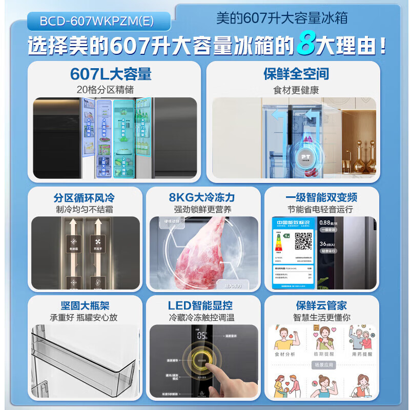 美的(Midea)607升对开门冰箱双变频一级能效家用超薄电冰箱智能净味无霜BCD-607WKPZM(E)大容量