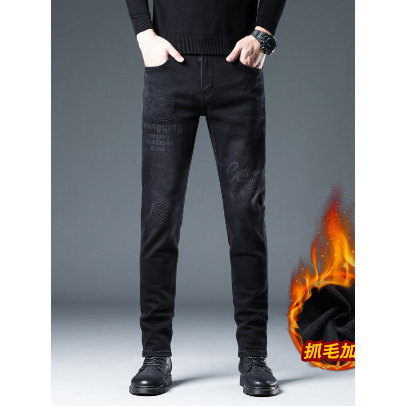 秋冬季抓毛牛仔裤加厚男新款字母修身弹力保暖欧货休闲小脚裤高端