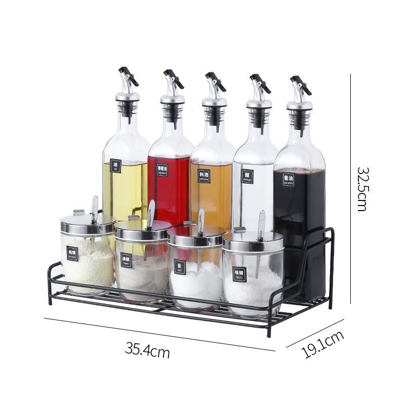 调料罐油壶套装盐罐佐料盒子酱油醋酒瓶收纳盒子调味罐玻璃厨房|方油瓶5+料罐4+10号架子