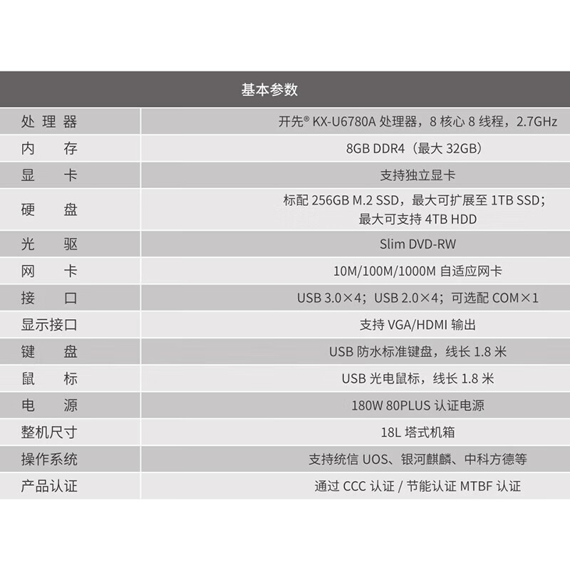 联想(lenovo)开天M70z 信创国产化办公高端台式机 整机+23.8英寸显示器 兆芯KX-U6780A/8G/1T机械+256G 麒麟试用版 定制