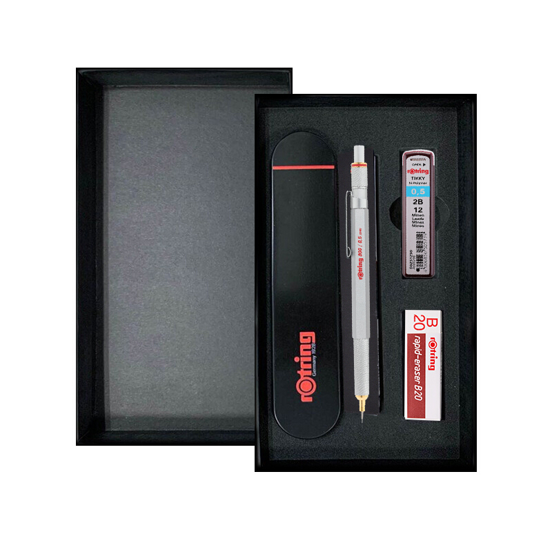 红环(rOtring)自动铅笔 专业绘图工具 金属笔身伸缩笔头800系列 银色0.5mm礼盒装