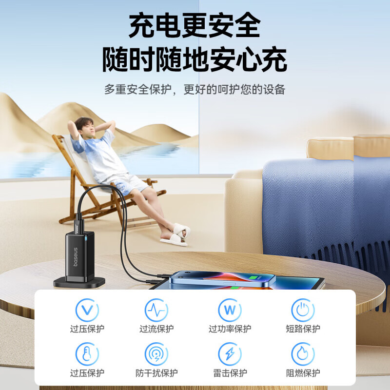 倍思 65W氮化镓充电器套装 多口Type-C快充头+100W快充线[CCGAN65C5星耀黑]高清大图