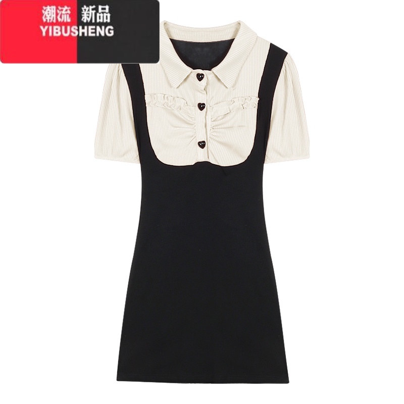YIBUSHENG假两件Polo领针织泡泡袖连衣裙女季纯欲镂空蝴蝶结系带包臀短裙 杏拼黑 S