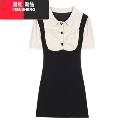 YIBUSHENG假两件Polo领针织泡泡袖连衣裙女季纯欲镂空蝴蝶结系带包臀短针 S 杏拼黑