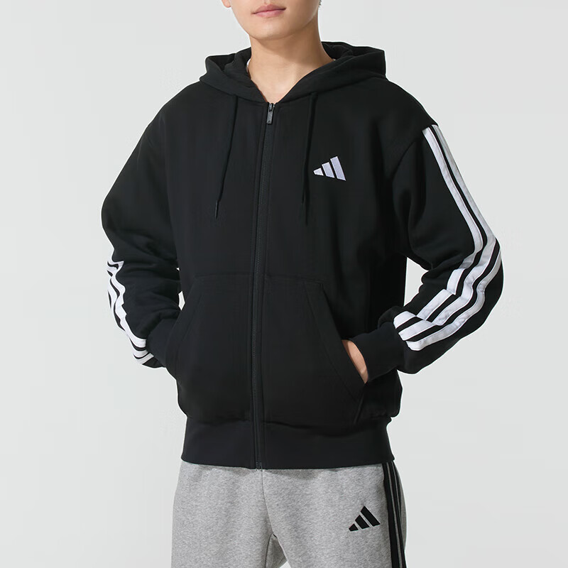 阿迪达斯 (adidas)男装梭织夹克外套新款运动服加绒连帽外套 KG5180 ZP JD1870/黑色 L