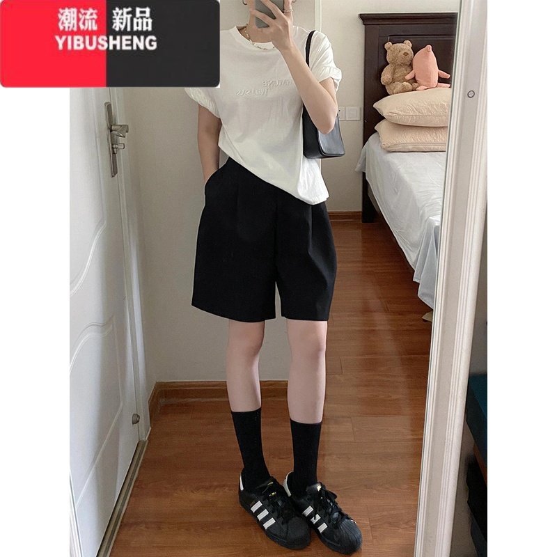 YIBUSHENG梨形身材黑色西装短裤女季胖妹妹mm高腰宽松显瘦阔腿五分休闲裤高清大图