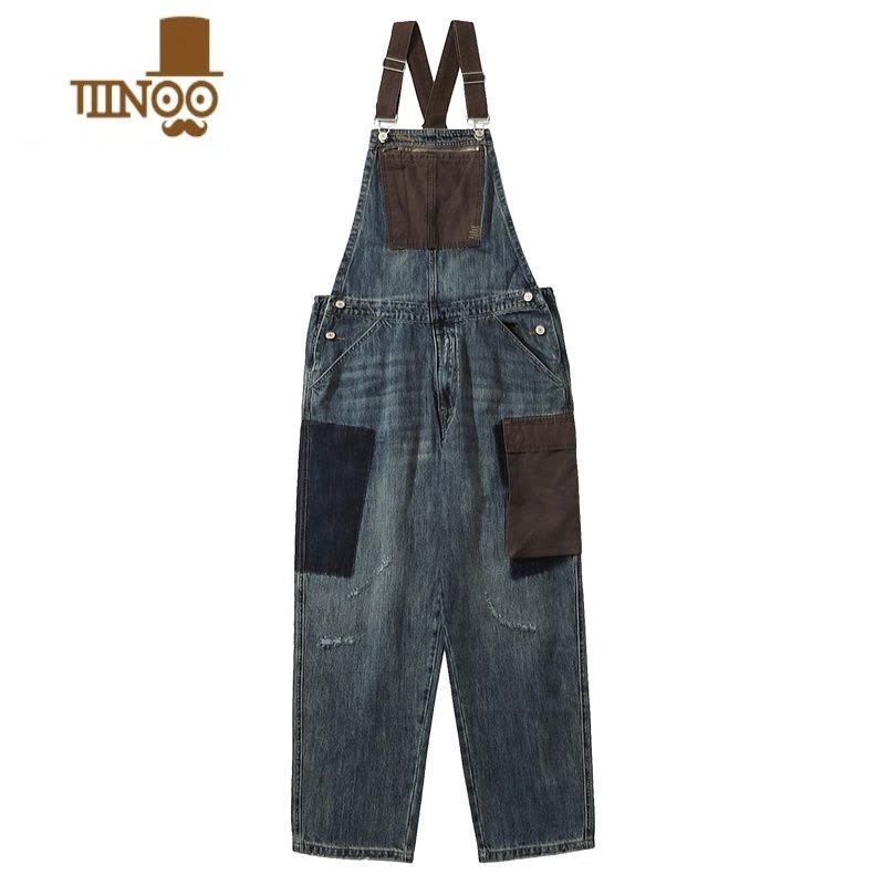 YANXU「MODI&DICHAO日系复古工装背带裤男女撞色吊带牛仔裤连体套装图片