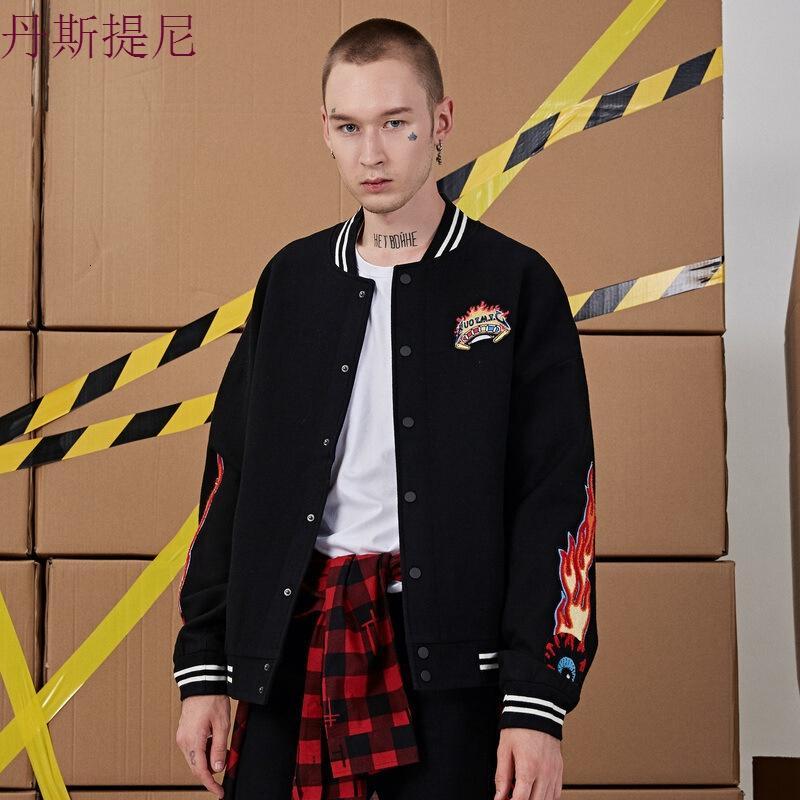 男装ins同款ulzzang原宿风美式复古火焰休闲夹克青年潮牌棒球服黑色