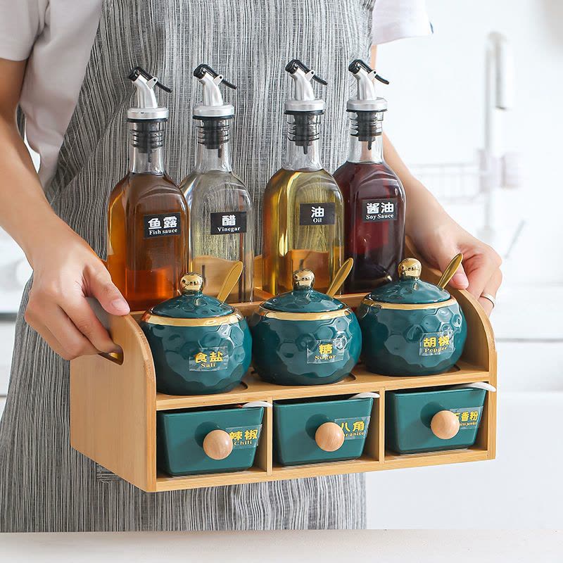轻奢北欧陶瓷调料盒油壶调味瓶玻璃瓶密封罐盐味精佐料套装收纳盒图片