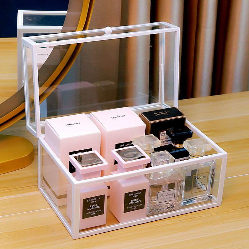 香水收纳盒防尘透明化妆品香水玻璃展示架梳妆台护肤品桌面收纳盒黑色