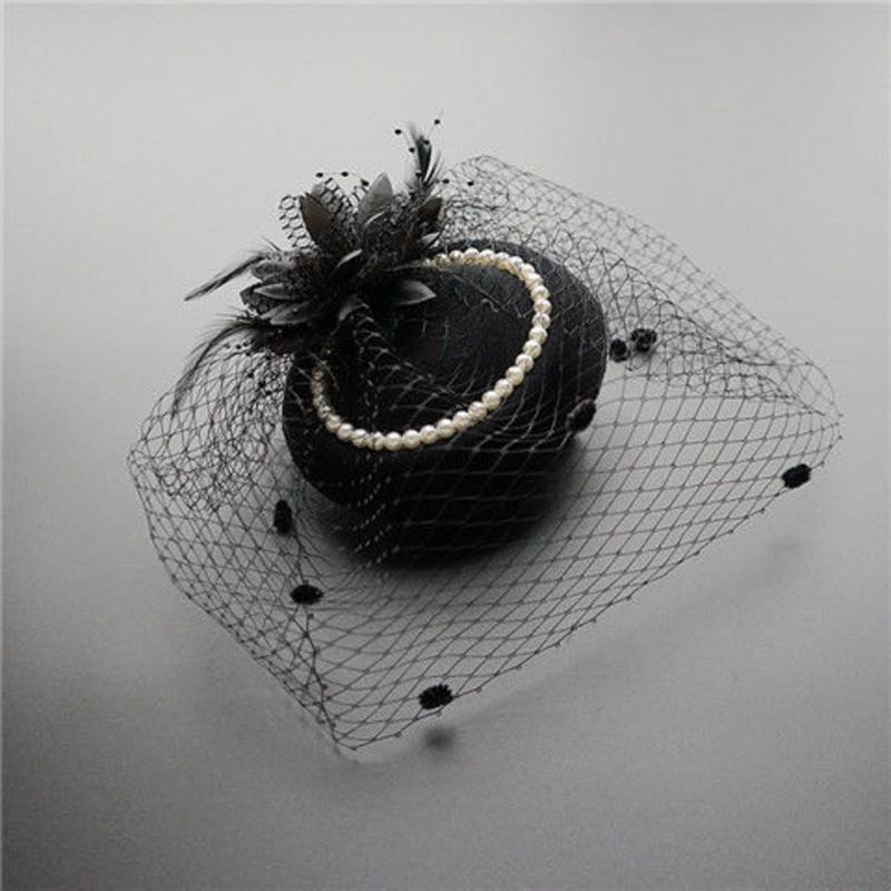 小礼帽女头饰名媛旗袍配饰民国新娘帽面纱晚宴礼服发饰复古网纱帽黑色
