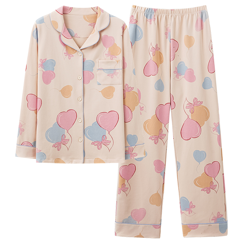 浪莎女睡衣春秋款纯棉2025新款粉色爱心长袖可外穿高档家居服秋袖高清大图