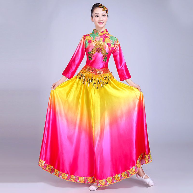 开场舞大摆裙新款合唱服长裙现代演出服扇子舞蹈服中老年秧歌服装