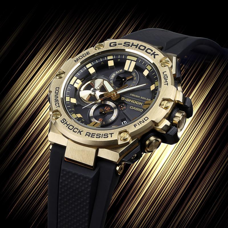CASIO 男士黑金色充电奢华腕表GSTEEL系列时尚运动手表