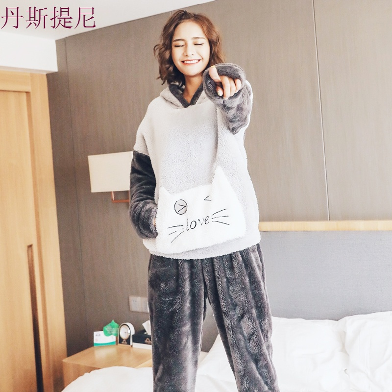 韩版甜美可爱少女珊瑚绒睡衣女秋冬加厚法兰绒连帽宽松家居服套装