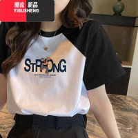 YIBUSHENG季插肩袖撞色短袖t恤女小众设计感学院风多巴胺上衣女印计 L111-125斤 黑色-G1885
