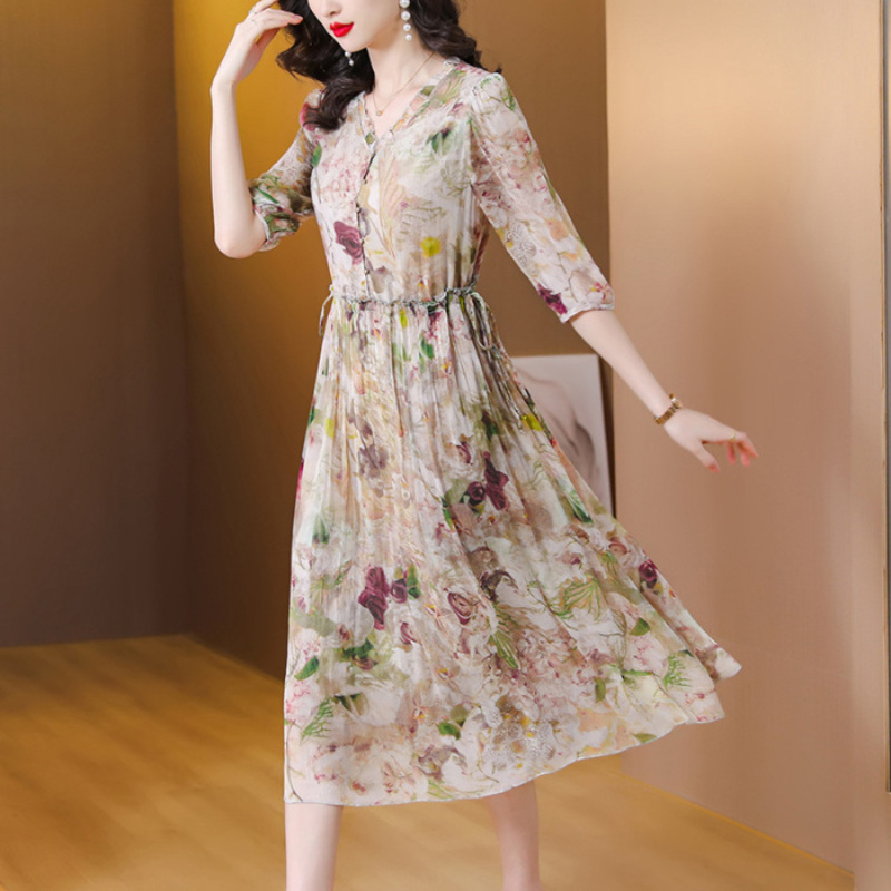 杭州印花真丝连衣裙桑蚕丝2024夏季新款中年妈妈气质显瘦高清大图