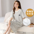浪莎带胸垫一体睡裙女夏季2025新款睡衣纯棉韩范可外穿休闲家居服 L建议100-115斤 带胸垫短袖睡裙女ZX-70211