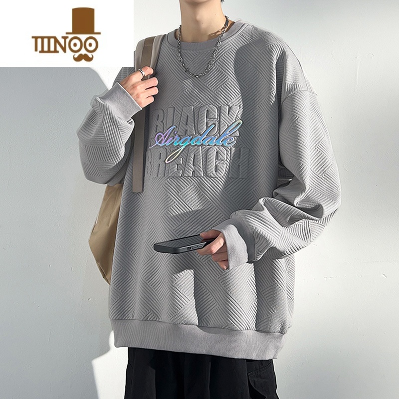 YANXU圆领卫衣男士2023新款潮牌青少年宽松休闲无帽上衣外套高清大图