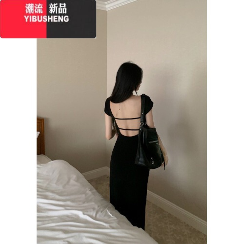 YIBUSHENG甜欲标~性感露背开叉连衣裙女收腰显瘦包臀裙中长款裙子 黑色 L