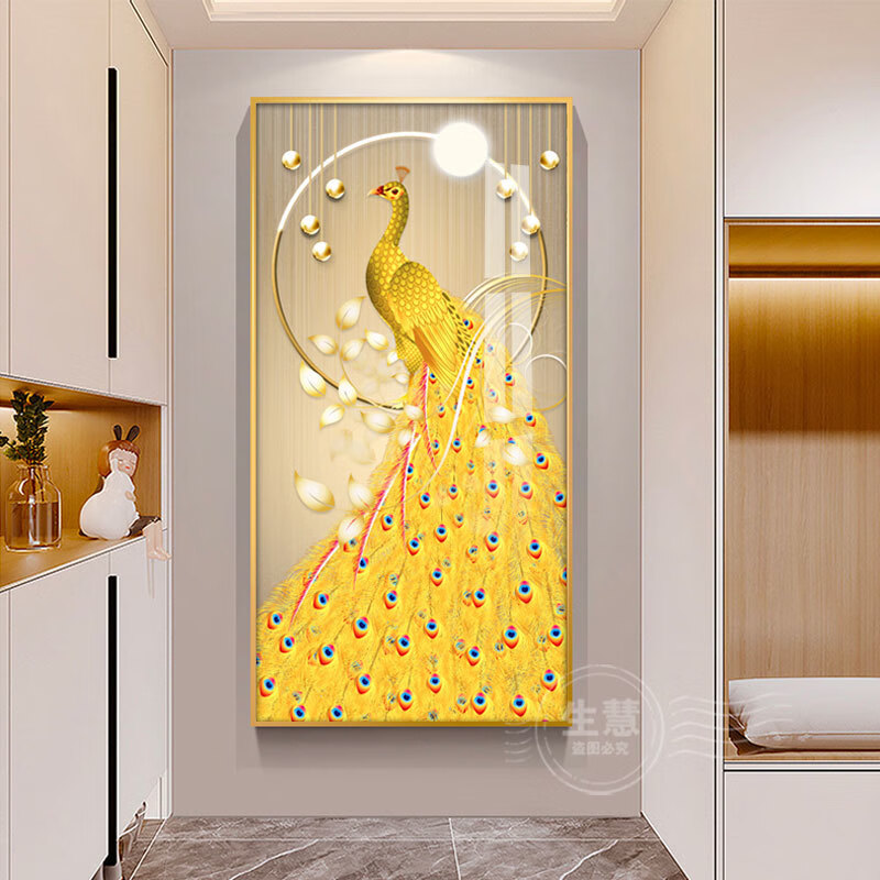 维诺亚玄关画进宝入户进门过道走廊壁画背景墙金色孔雀晶瓷挂画 金玉满堂-11
