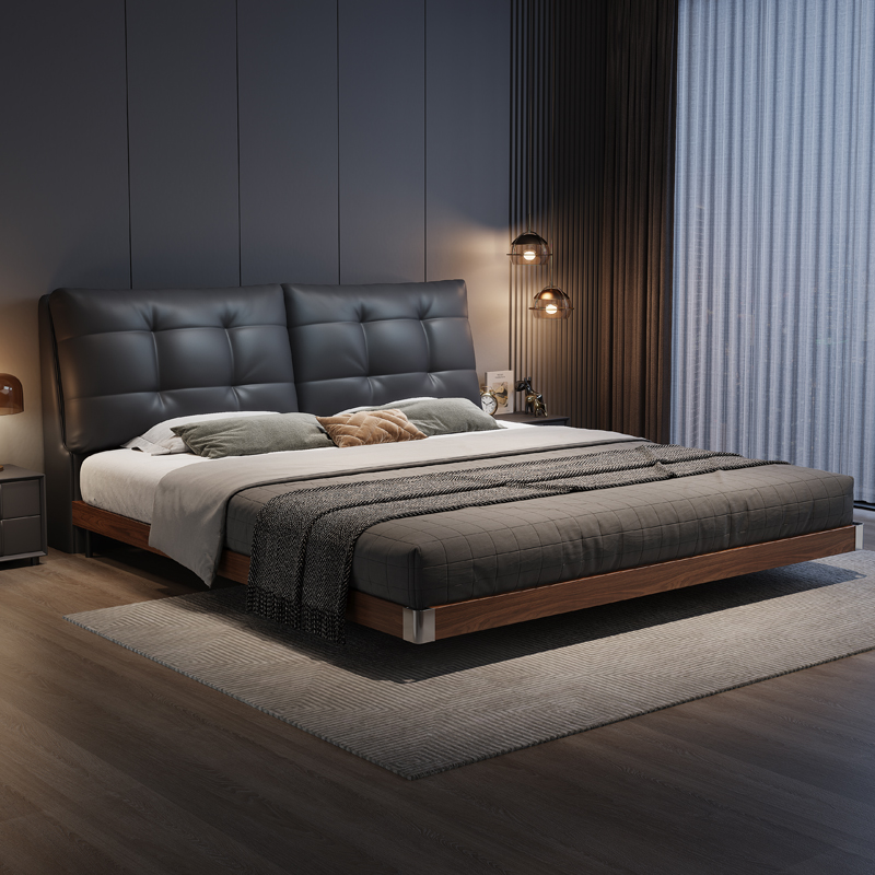 意式真皮床轻奢简约双人床主卧室带灯满铺榫卯悬浮床软包婚床高清大图