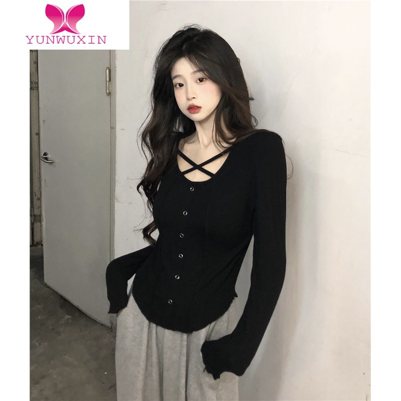 YUNWUXIN大码胖mm纯欲风正肩长袖上衣T恤女早秋不规则宽松显瘦打底衫上衣