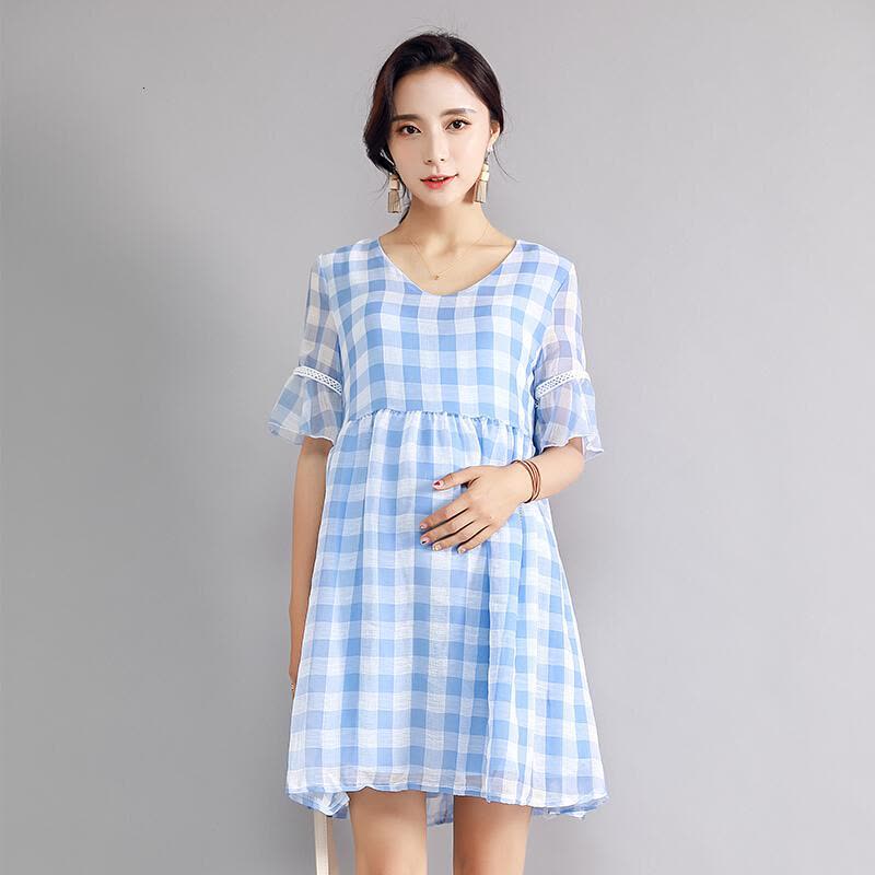 迪鲁奥(DILUAO)孕妇装夏孕妇连衣裙 夏季天女装潮妈怀孕妇装中长款格子连衣裙孕妇裙B309-19.9 蓝色图片