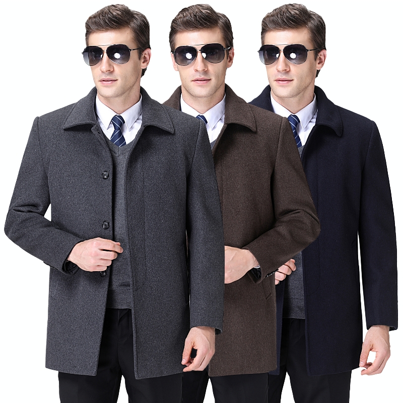 可拆卸内胆羊绒毛呢大衣男中长款羊绒大衣中老年冬款商务休闲呢子翻领加绒外套男装品牌官方旗舰店特卖高清大图