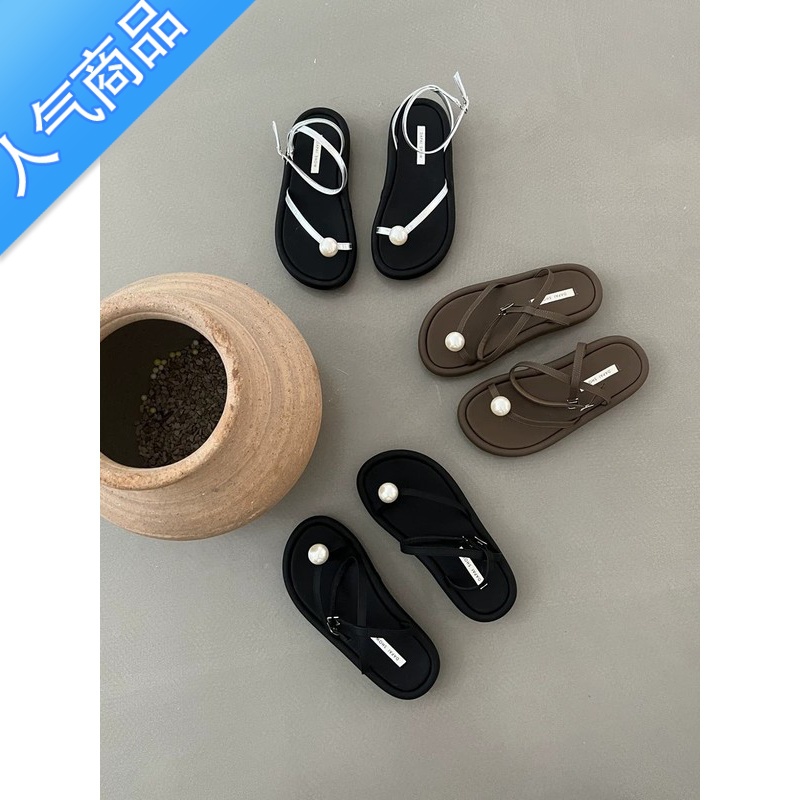 SUNTEK外穿法式凉鞋厚底夹趾罗马鞋女2023夏季新款珍珠温柔仙女风沙滩趾高清大图