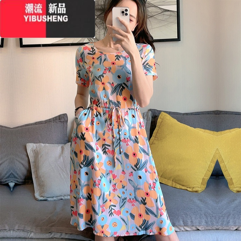YIBUSHENG碎花棉绸连衣裙短袖新款清凉绵绸系带收腰藏肚口袋人造棉中长裙