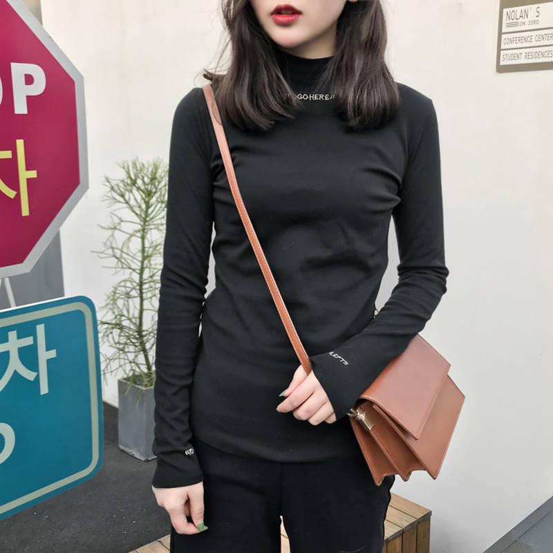 嗨Girl2019半高领上衣打底衫女秋冬套头字母绣花修身学生纯色长袖T恤女