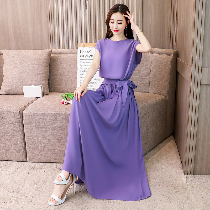 紫色连衣裙女夏款女士新品韩版气质收腰雪纺长裙温柔仙女夏天裙子报价