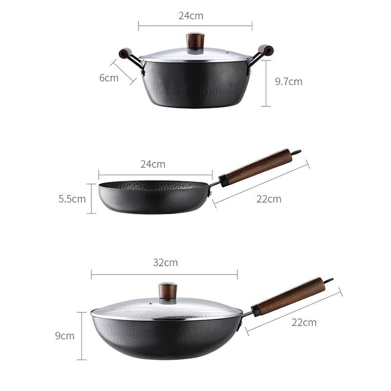乐扣乐扣铁锅三件套锻纹精铁家用炒锅汤锅煎锅CIW3203S02高清大图