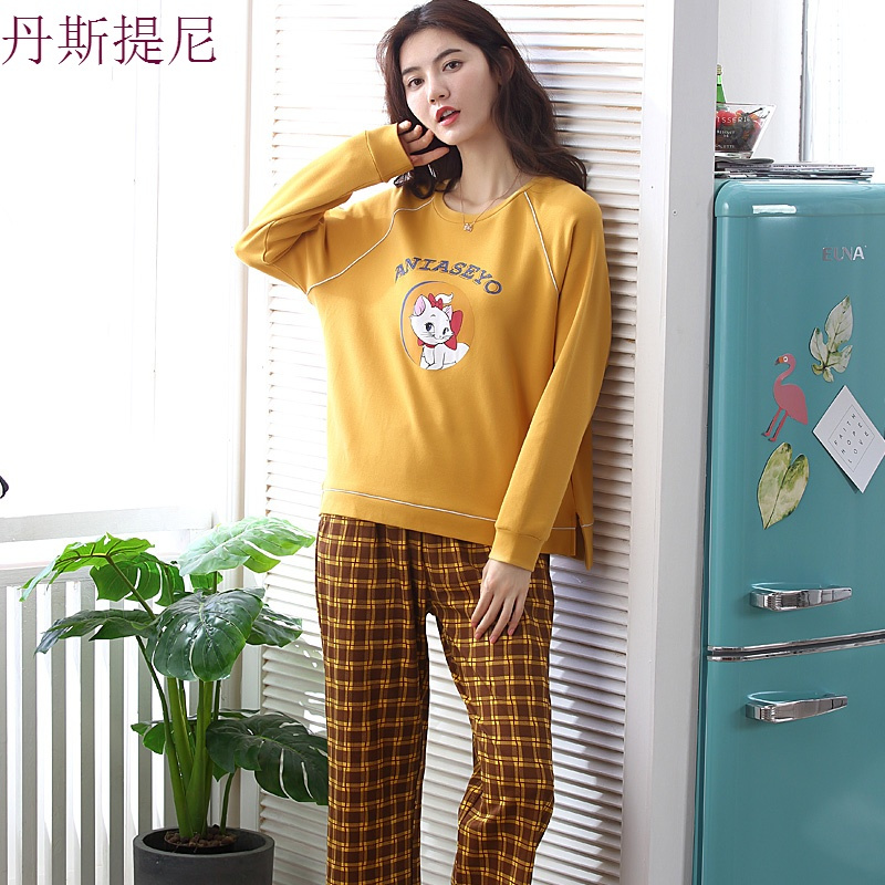 秋季睡衣女新款长袖纯棉两件套可爱卡通家居服全棉可外穿