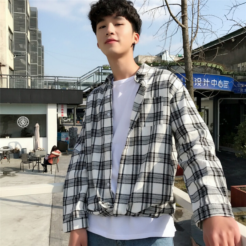港风ins超火格子衬衫情侣装长袖衬衣男衣服韩版潮流学生帅气外套