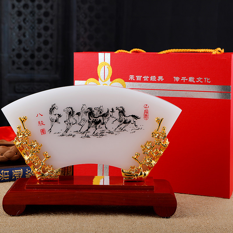 家柏饰(CORATED)扇形八骏图琉璃玉摆件老师领导老板办公室桌面摆件八骏马工艺品高清大图