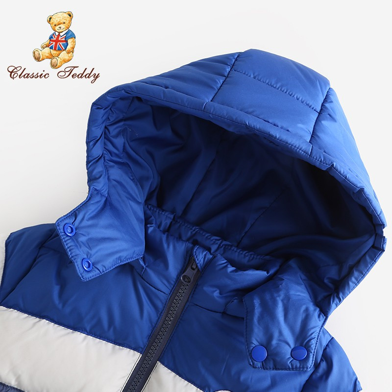 精典泰迪男童羽绒棉服新品儿童连帽加厚保暖棉袄破色撞色外套