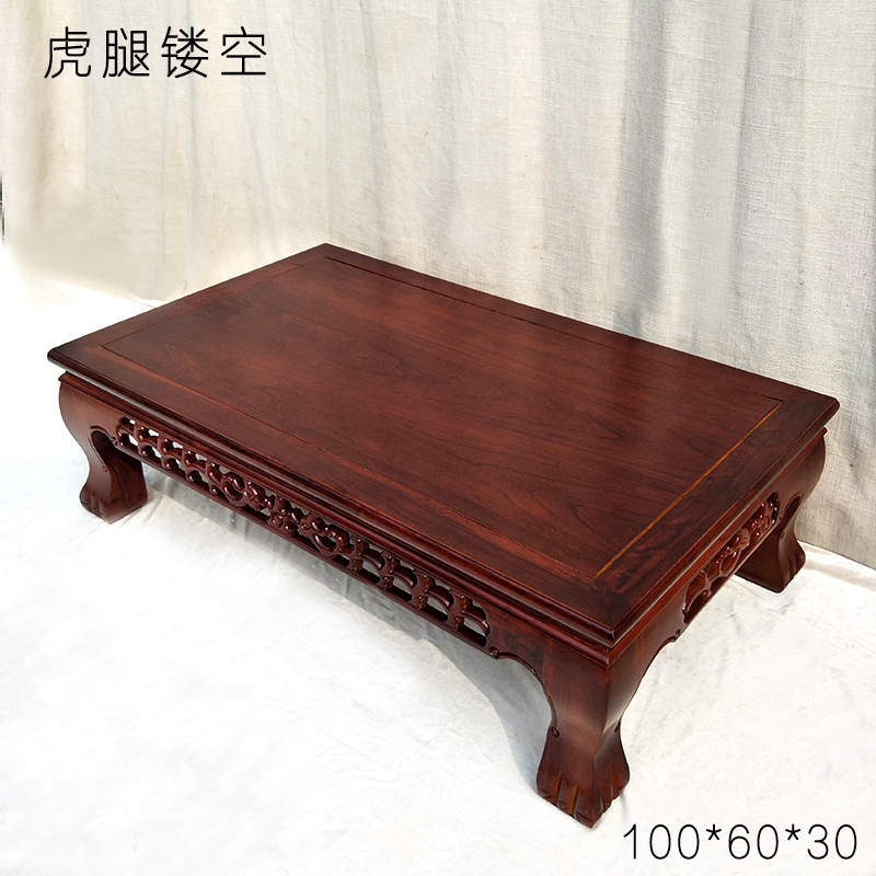 仿古实木质炕桌炕几榻榻米矮桌榆木中式飘窗茶几方地桌小桌子 镂空100*60*高30